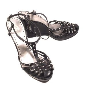 BCBGirls T Strap black stud wedge heel 8